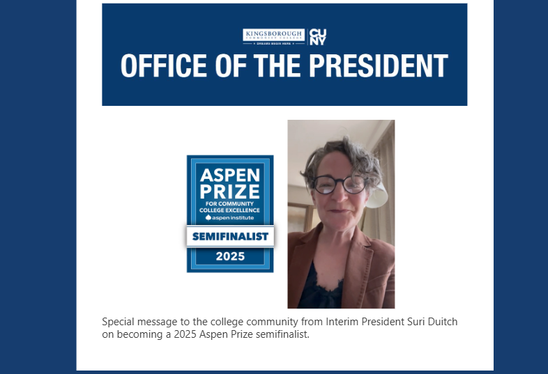 Special message to the college community from Interim President Suri Duitch on becoming a 2025 Aspen Prize semifinalist.