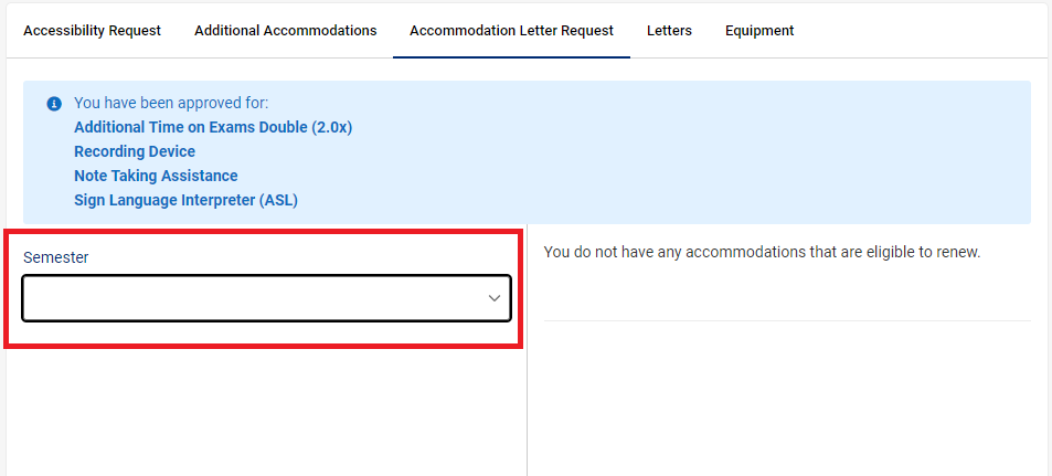 Accommodation Letter Request Semester Selection