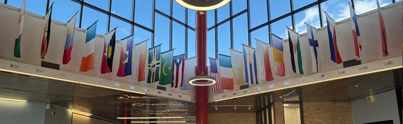 Photo of the hall of flags, facing up a corner with the window at the top.