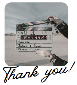 Hands holding a clapperboard open with words "Thank you!" in handwritten script underneath.