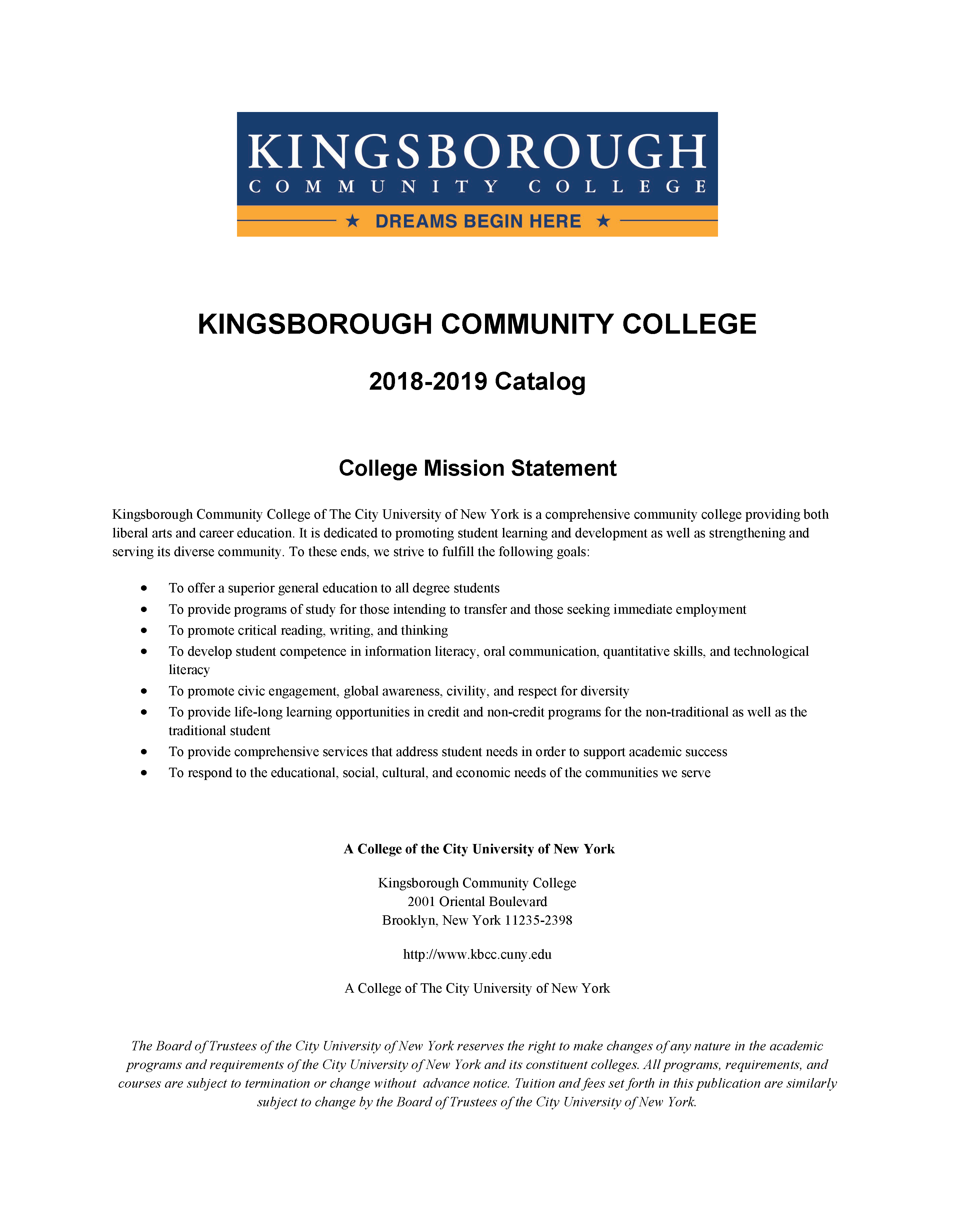 KCC Catalog 2018-2019 Cover