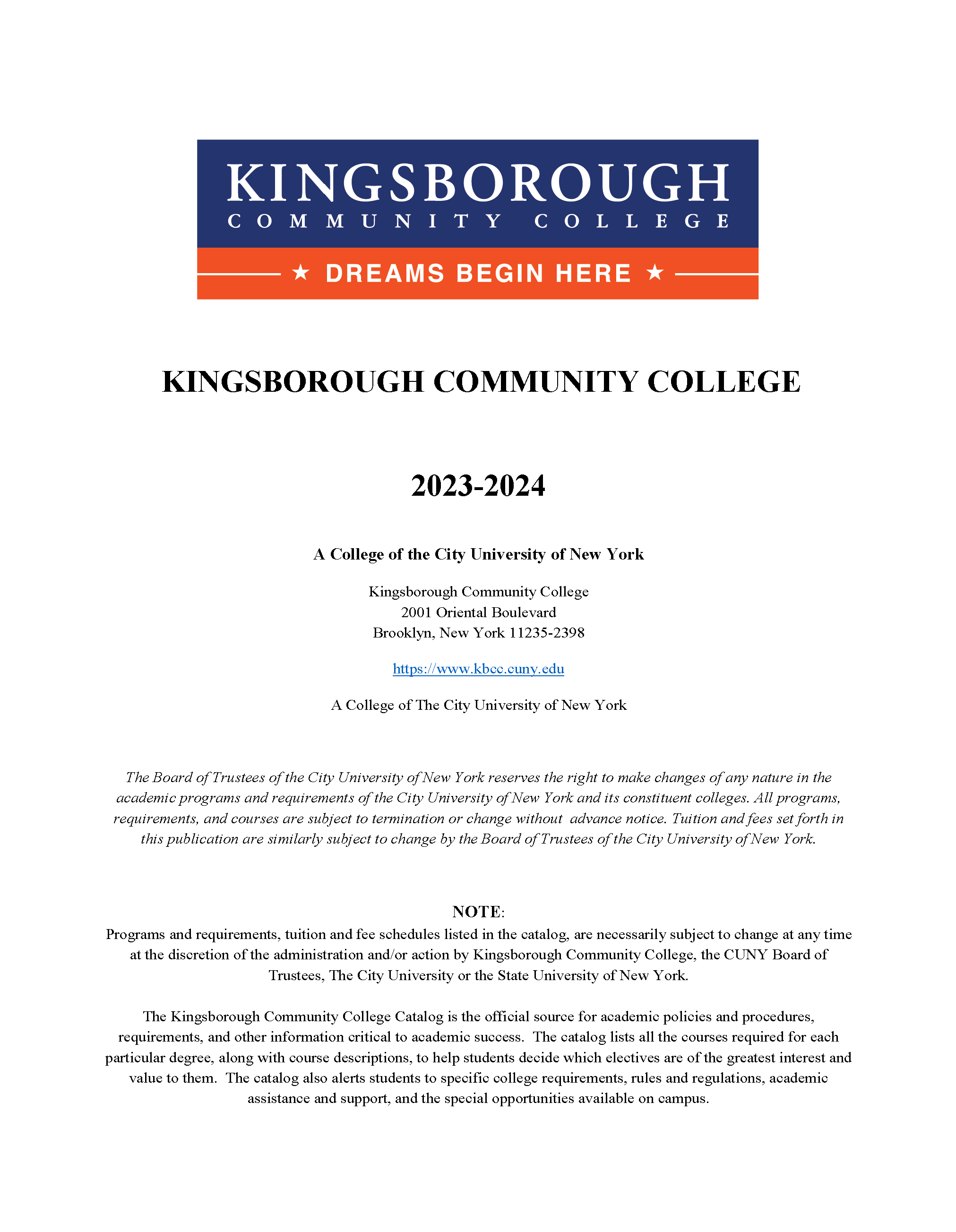 KCC Catalog 2023-2024 Cover