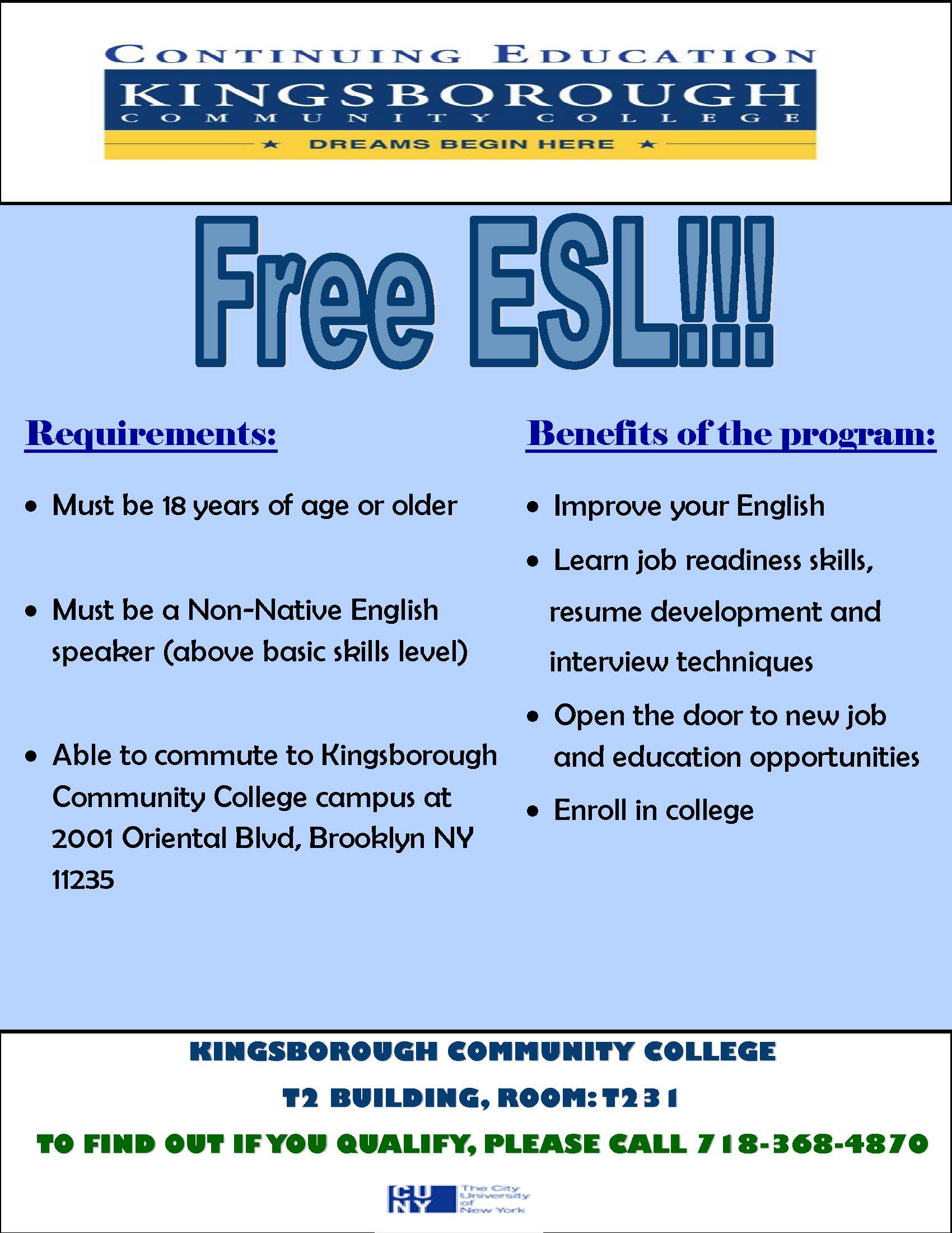 Free ESL program flyer