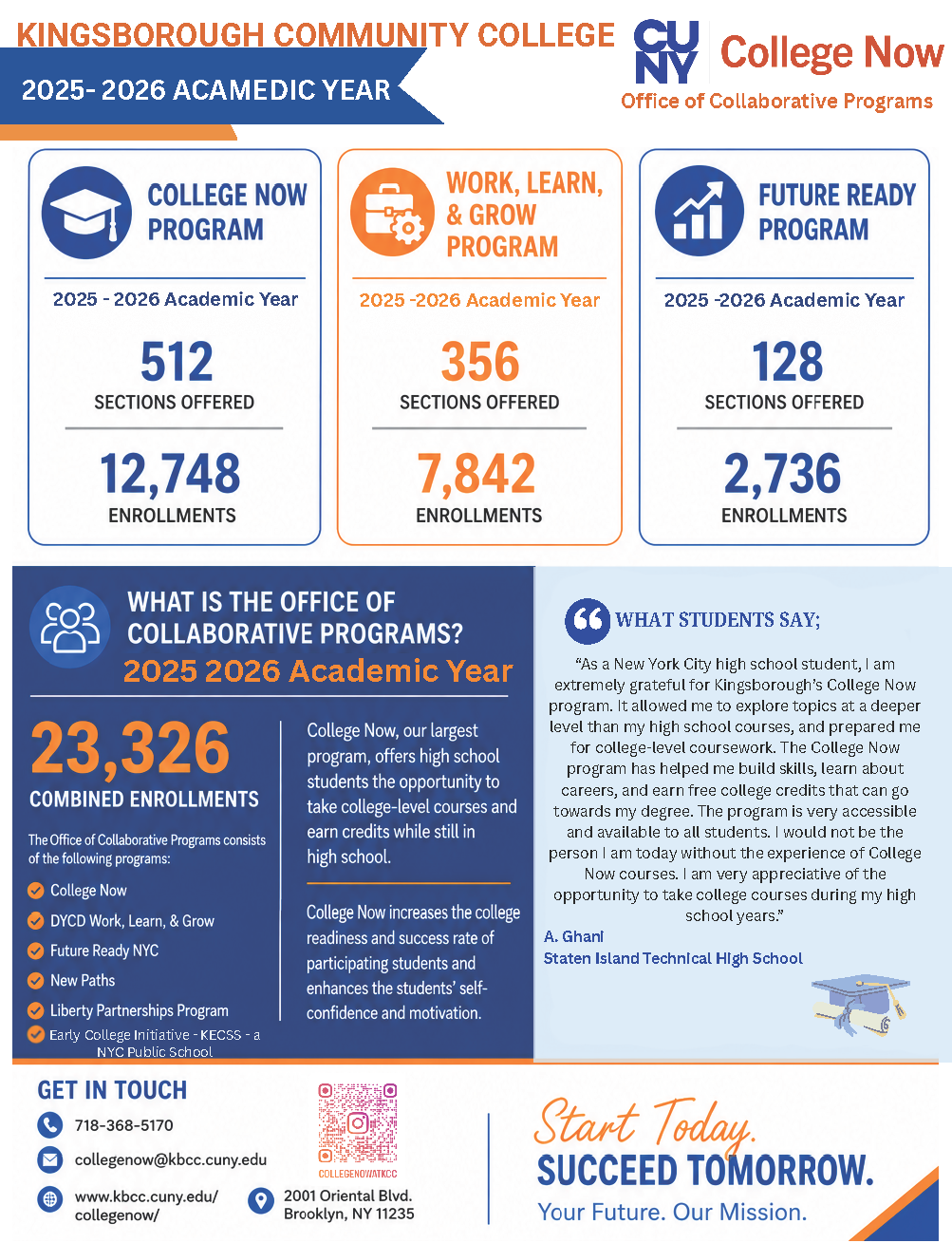 A flyer displaying sections offered, enrollment information, and student testimonials about the program. 