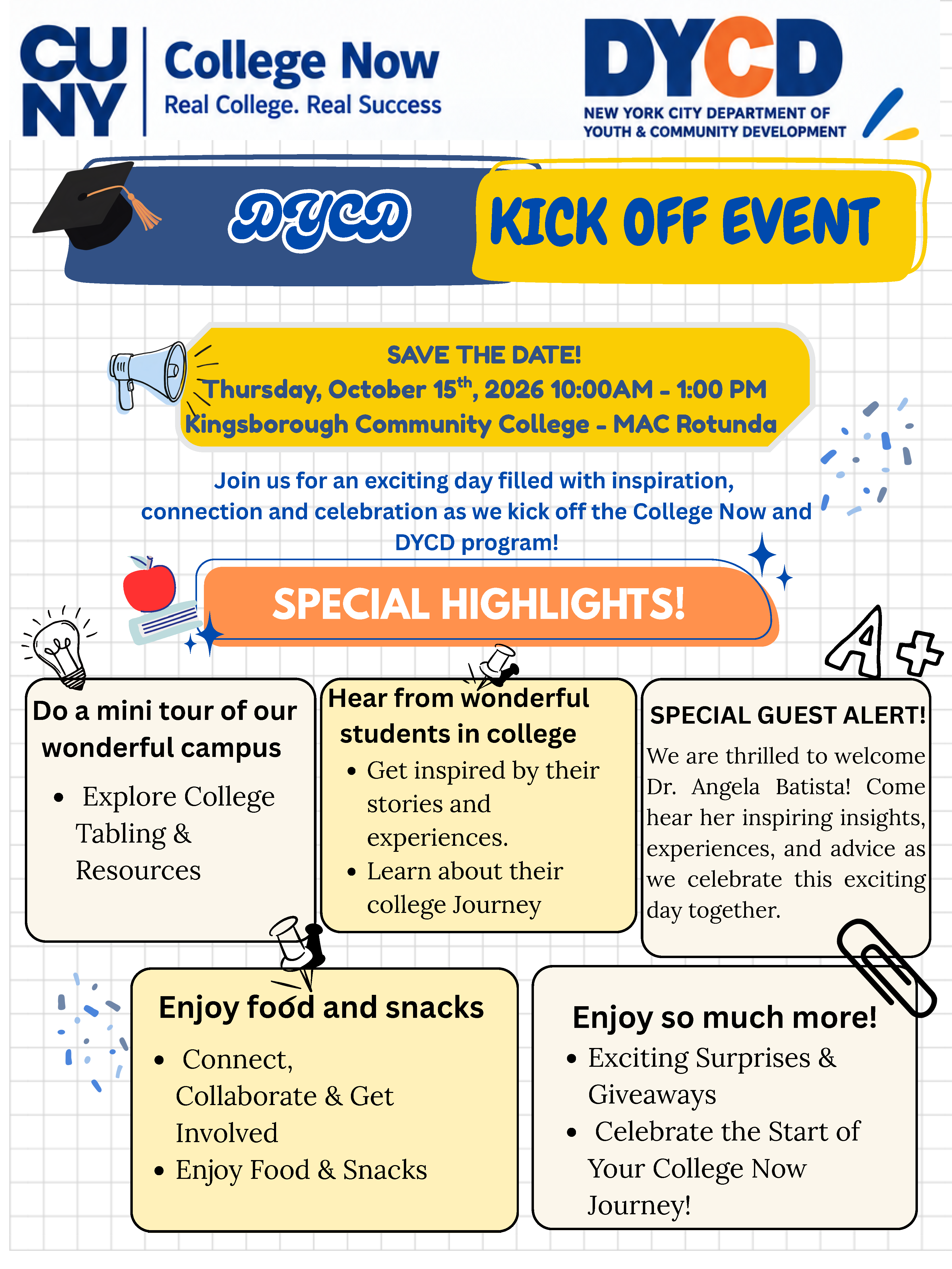 Save the date flyer for DYCD Program Kick off event on 10/15/26 from 10am to 1pm at MAC Rotunda