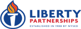 Liberty Partnership logo in blue and red fonts and a torch icon. Established in 1988 by NYSED
