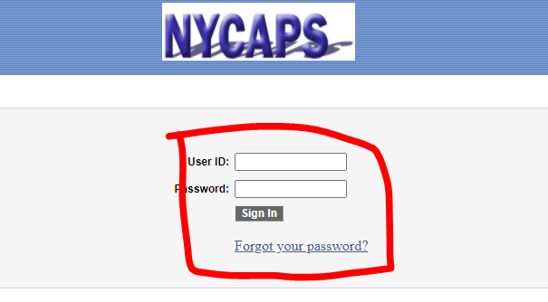NYCAPS login page screenshot A screenshot of a login page, NYCAPS logo at the top, User ID and Password fields are circled in red