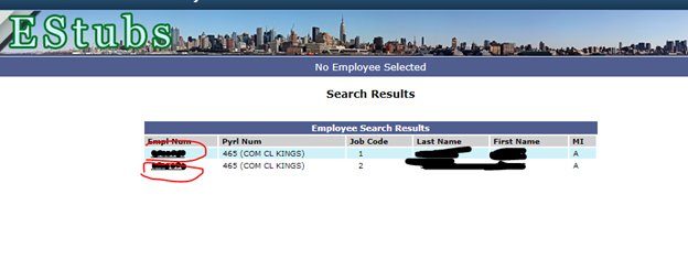 Estubs Employee Search Result page screenshot A screenshot of the Estubs Employee Search Result page displaying two employee records in a table with Employee Number and Name blacked out and the location of the Employee Numbers in the first column circled in red.
