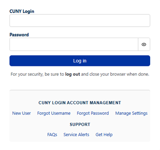 Screenshot of CUNY Login page; CUNY Login input field, Password input field; blue Log in button; CUNY account management and support links underneath