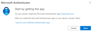 Screenshot of Microsoft Authenticator Instructions: Start by getting the app. On your phone, install the Microsoft Authenticator app. Download now link. After you knstall the Microsoft Authenticator app on your device, choose "Next". Link text: I want to use a different authenticator app. Buttons "Cancel and "Next"