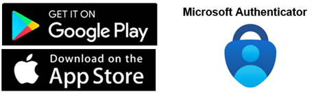 Screenshot of GET IT ON Google Play button, Download on the App Store button, and Microsoft Authenticator logo