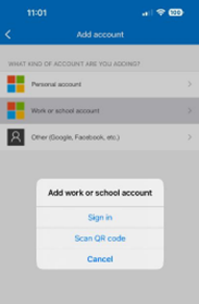 Screenshot of Add Account dialog box titled "Add work or school account" with selections: Sign In, Scan QR Code, Cancel