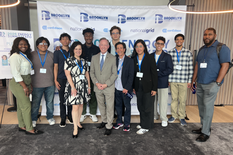 KCC engineering students traded the classroom for the center of New York City’s energy industry on June 18, networking with top energy executives and, in some cases, receiving on-the-spot internship offers at the Brooklyn Chamber of Commerce's 2026 Energy Summit & Expo. From left are KCC students Valandia Fontus, Jason Lopez, Brandon Nolasco, Brooklyn Chamber of Commerce Senior Vice President of Innovation and Strategy Dina Rabiner, student Nigel Simmons, Brooklyn Chamber of Commerce President Randy Peers, 3D Design and Printing Instructor and Lab Tech Michael Victor Danza, and students Bogdan Hyrhoryan, Kawther Saadi, Benjamin Mercado, Adrian Decoteau, and Anthony Sanders.
