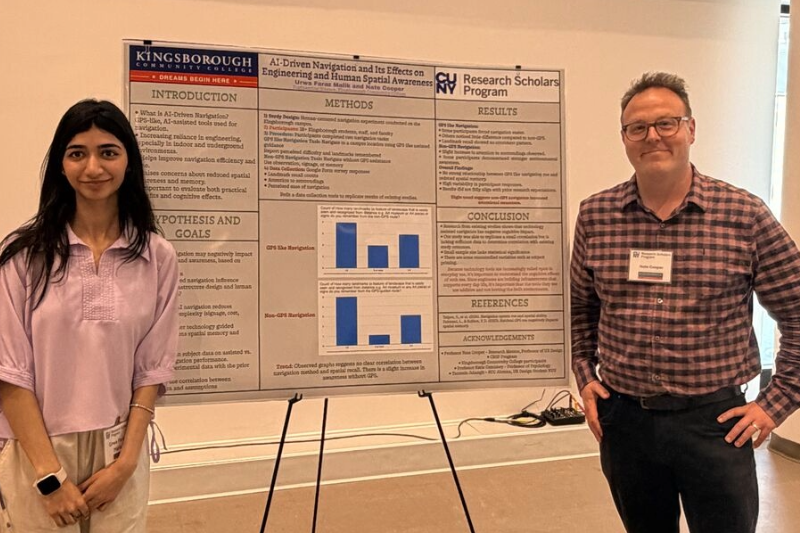 Malik and Nathan Cooper, a KCC art department lecturer in UX design, at a recent CUNY Research Scholars Program (CRSP) presentation. Cooper served as Malik's project advisor as she conducted research on the impact of GPS-navigation on human spatial memory.