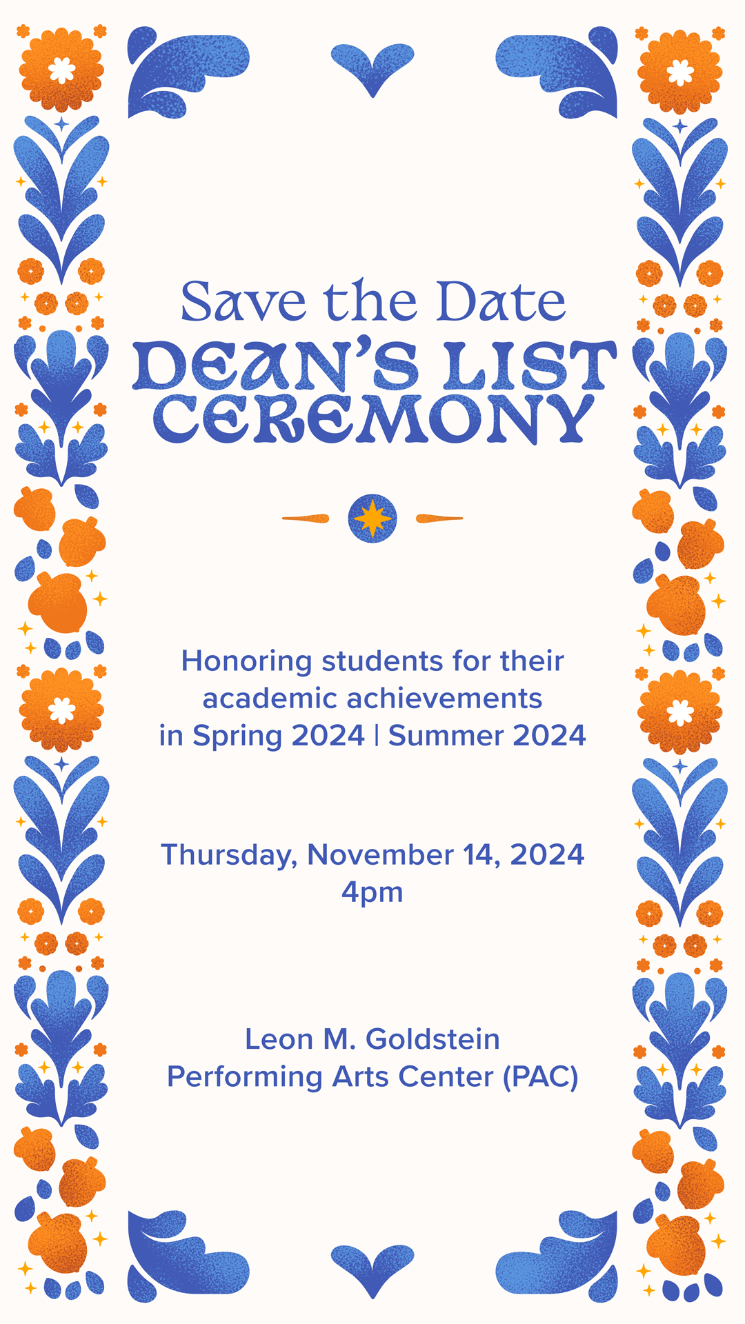 Save the Date Dean's List Spring/Summer 2024 Ceremony